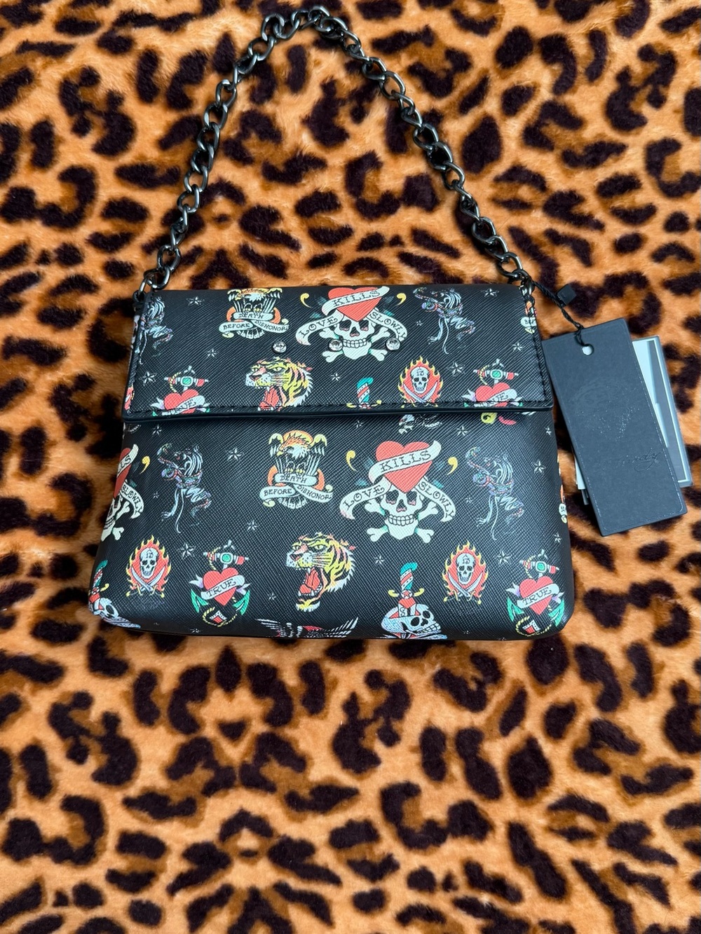 Ed hardy Black Tattoo-Print Chain Shoulder Bag